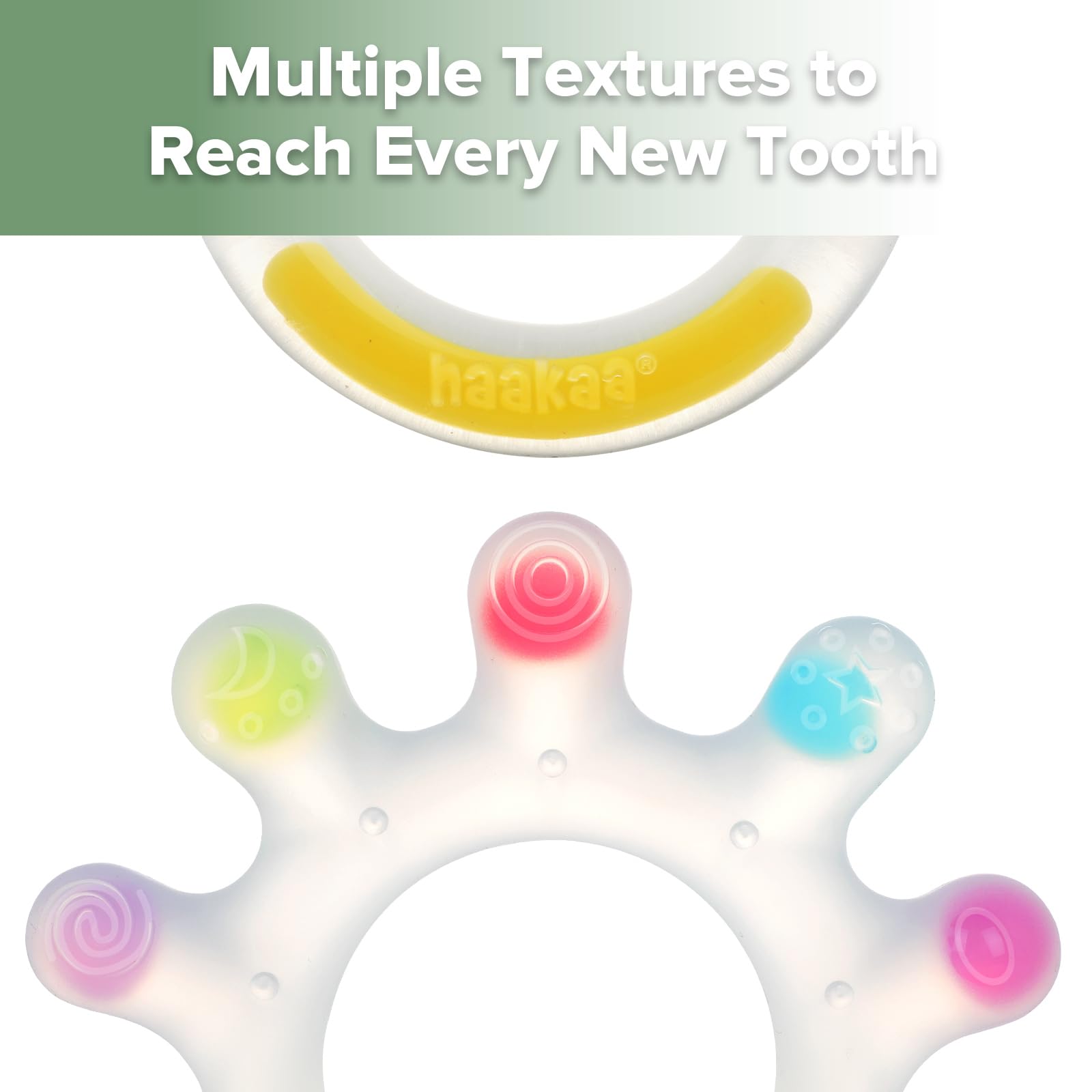 Haakaa Dinky Digits teether with a large palm grip for easy handling.