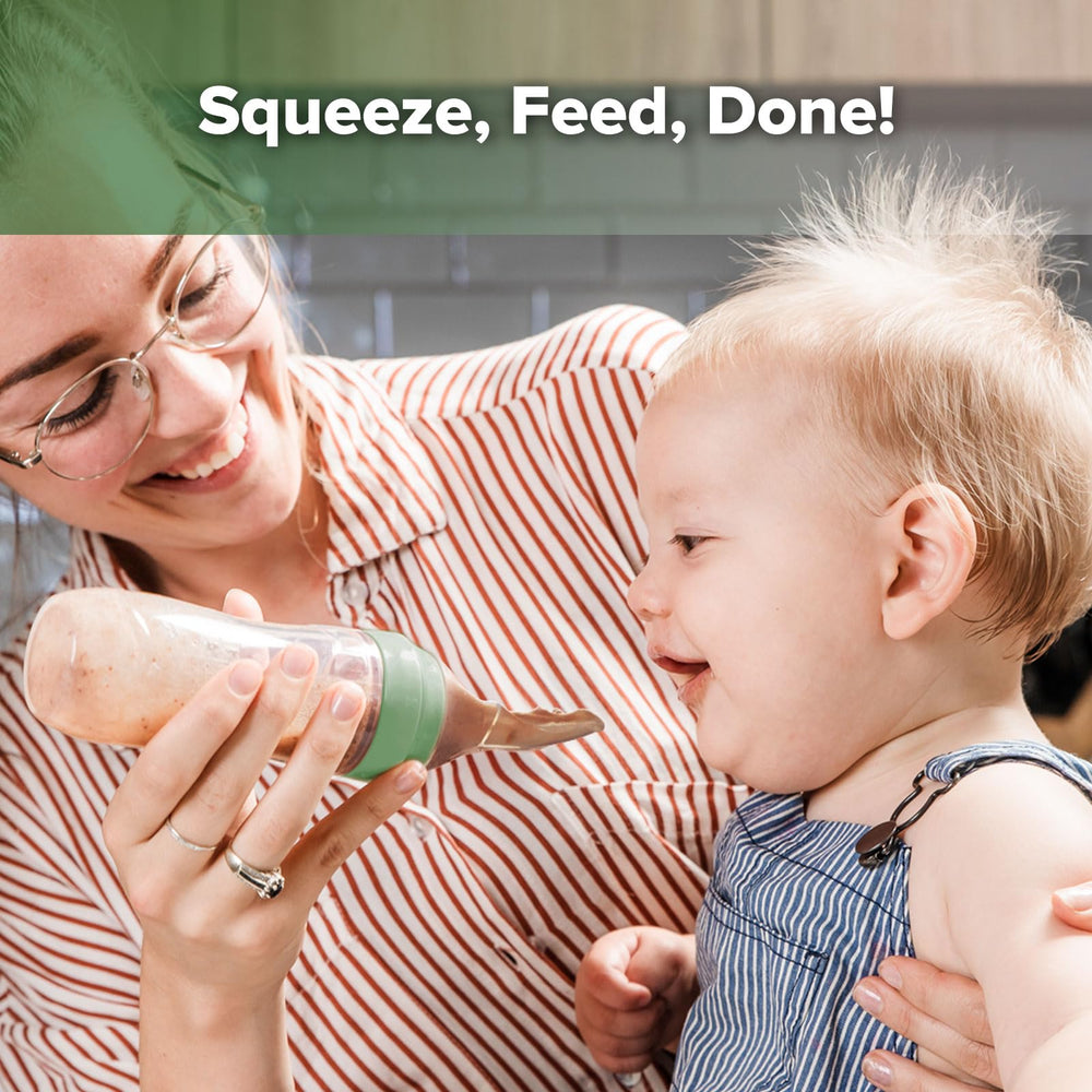 Haakaa flow-control spoon feeder demonstrating liquid puree stream with ergonomic one-hand use