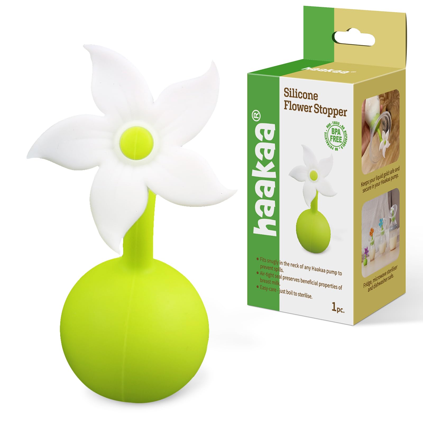 Haakaa Flower Stopper close-up shows a soft silicone seal for a secure pump fit.