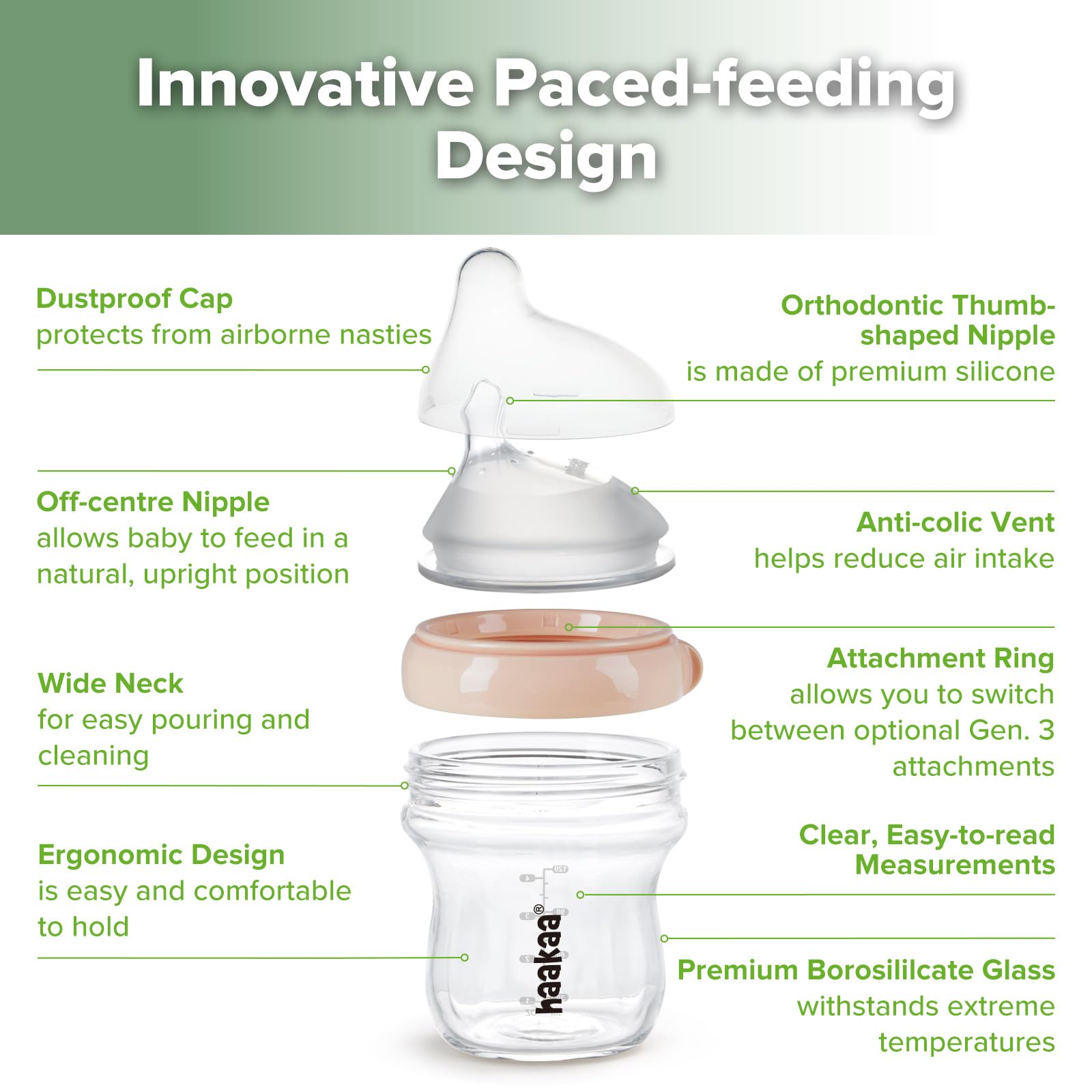 Offset nipple position aids comfortable feeding without full bottle tipping.