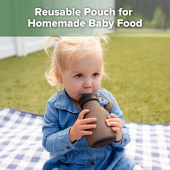 Haakaa Hippo pouch spout shown for toddler self-feeding.