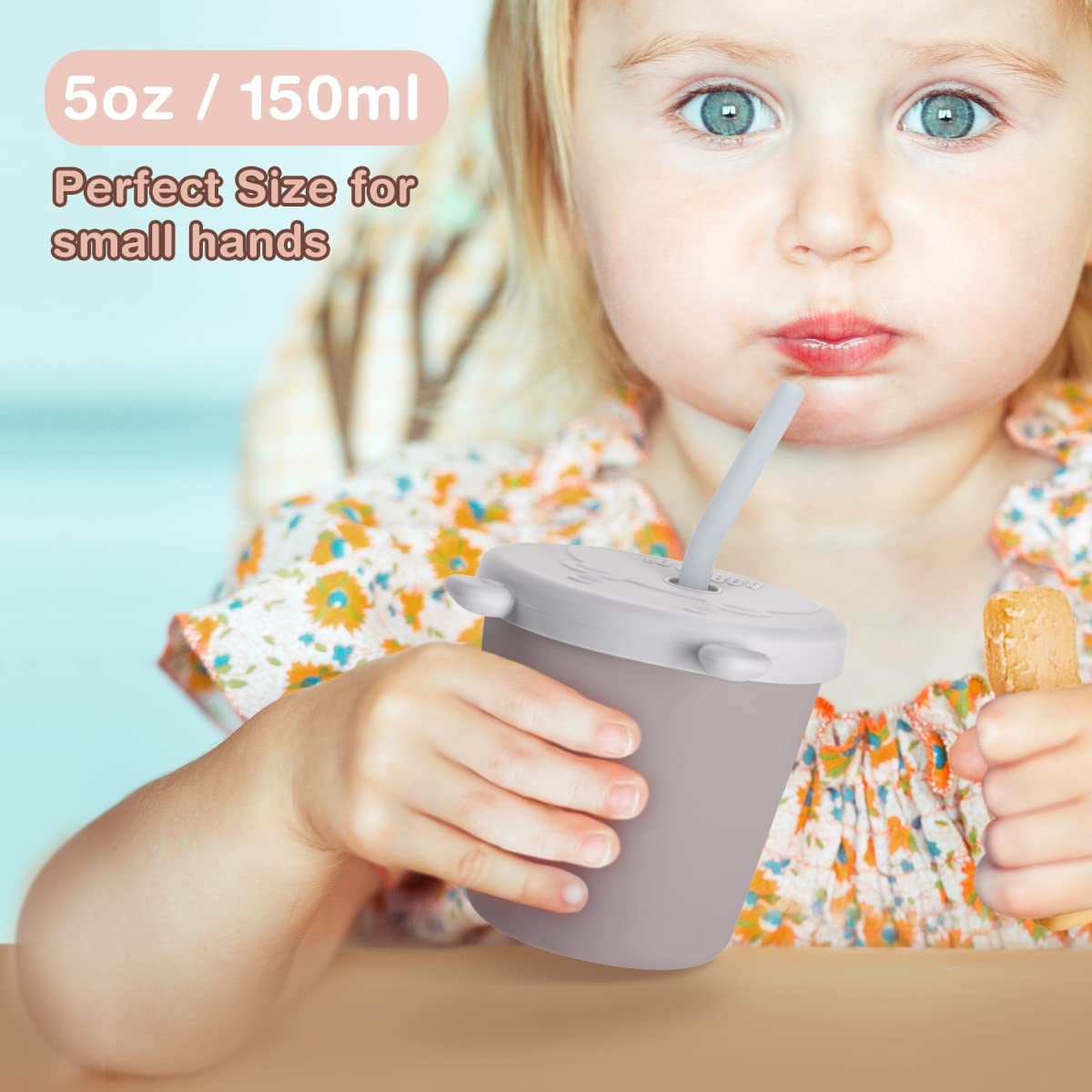 Haakaa Jolly Hippo 5oz capacity image highlighting toddler-sized grip and quick refills.