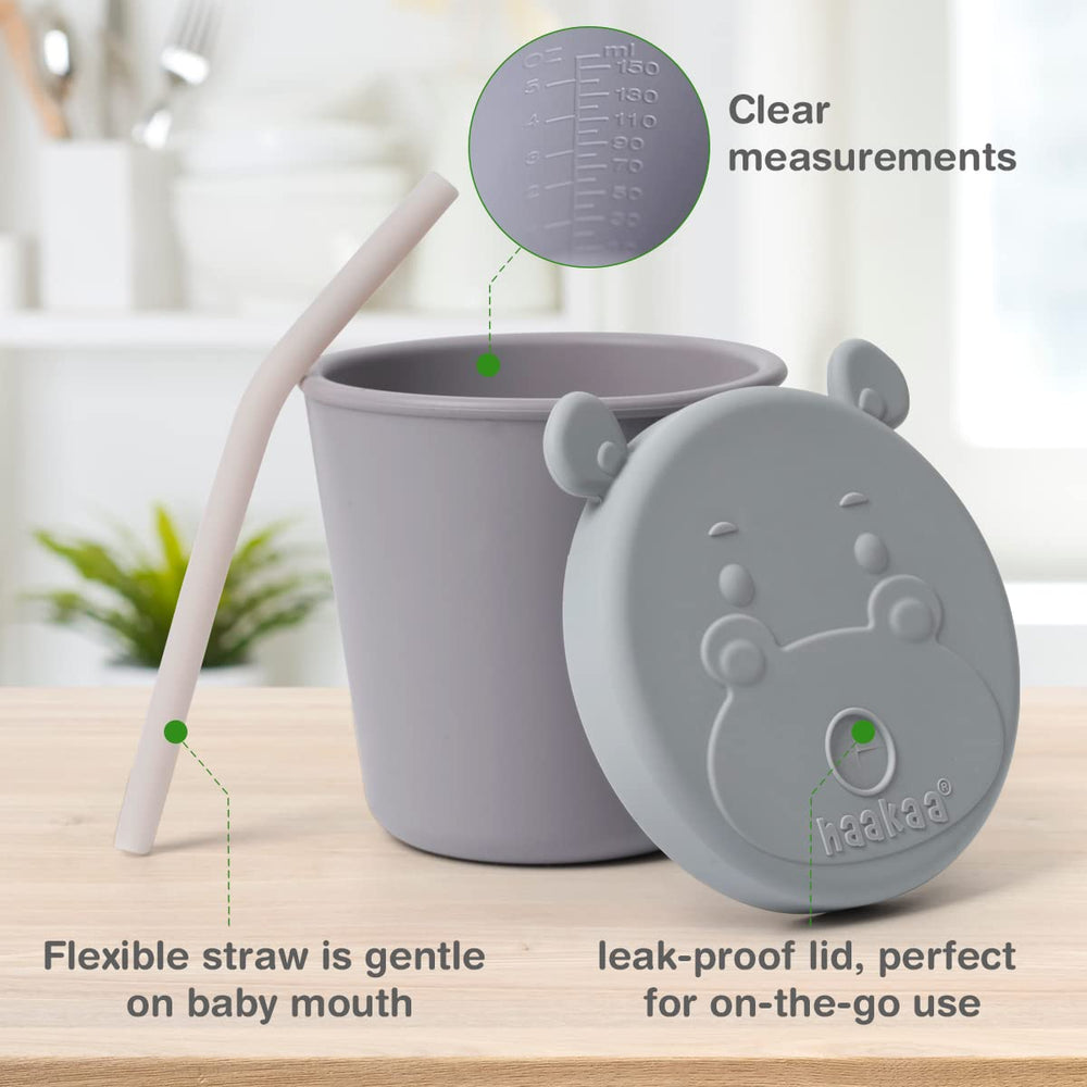Haakaa Jolly Hippo leak-proof lid demonstrates spill-free on-the-go use.