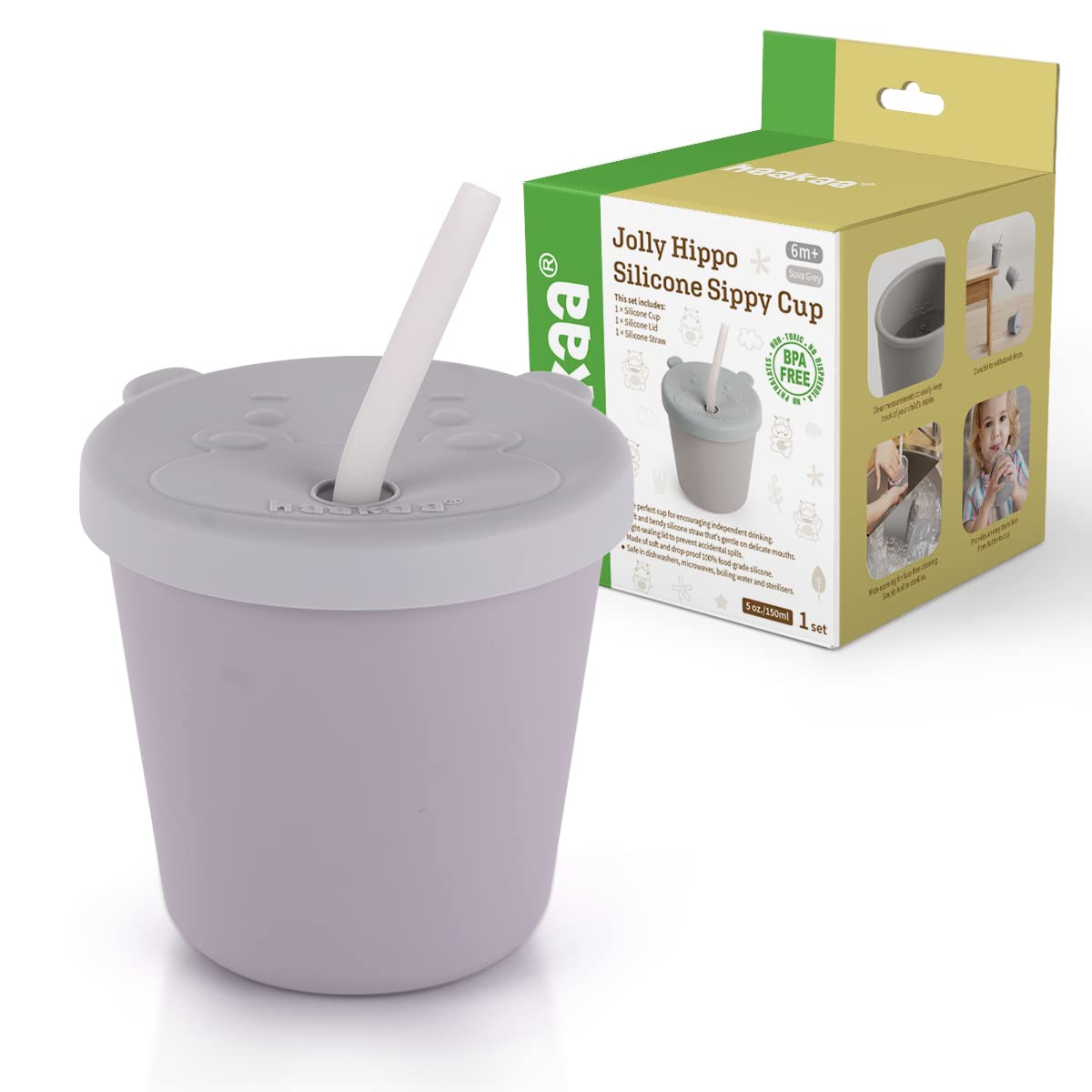Haakaa Jolly Hippo straw cup close-up showing soft silicone for gentle gums and early sipping.
