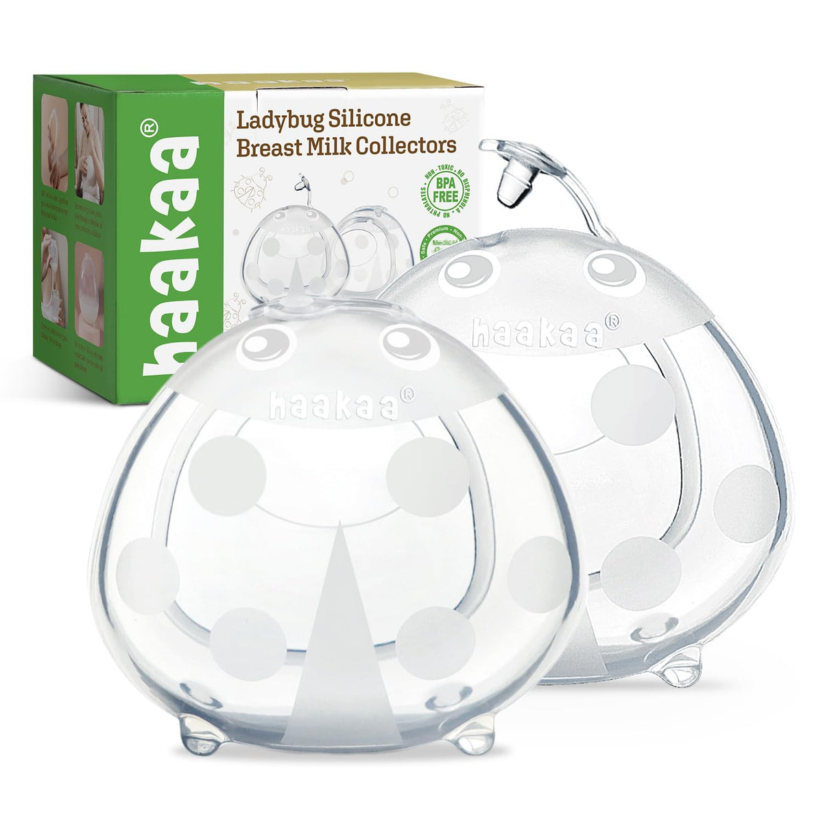 Haakaa Ladybug Milk Collector on the bra captures let-down discreetly during nursing.
