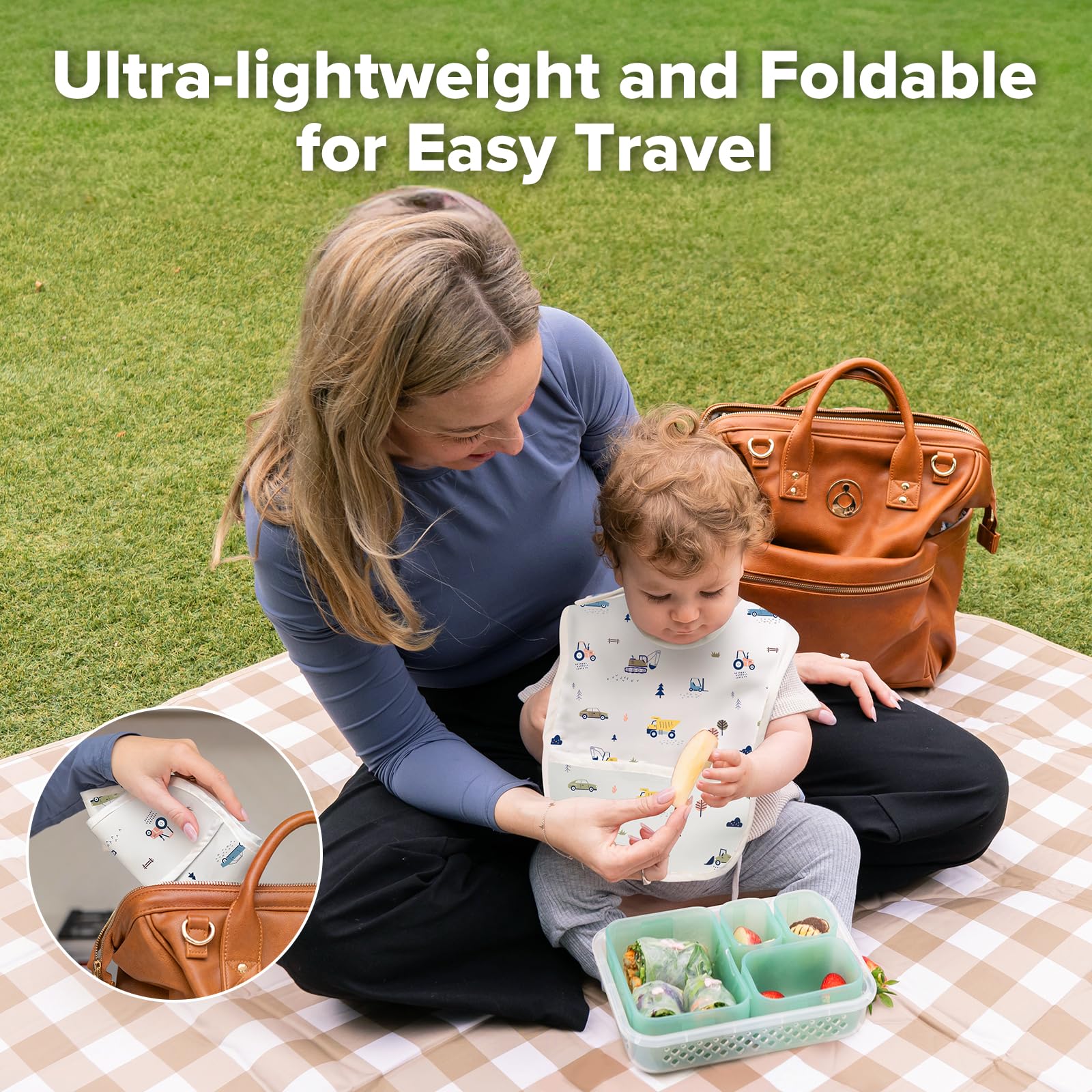 haakaa Mess Proof Baby Bib food-pocket catches crumbs before reach clothes.