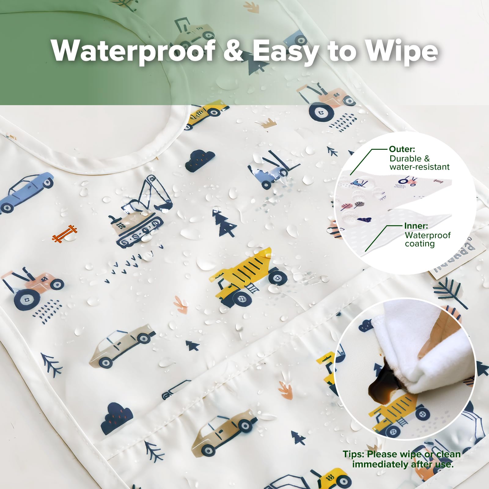 haakaa Mess Proof Baby Bib deep-pocket catches crumbs for mess-free meals.