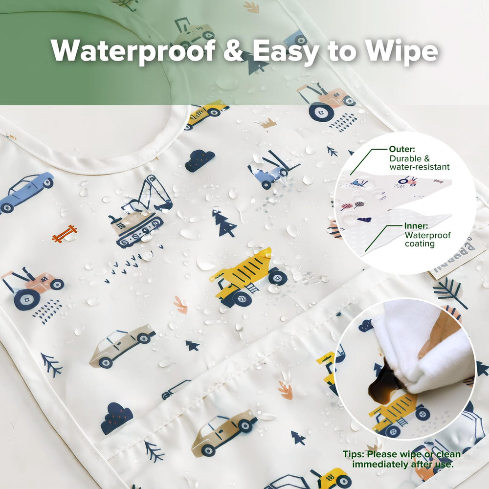 haakaa Mess Proof Baby Bib deep-pocket catches crumbs for mess-free meals.