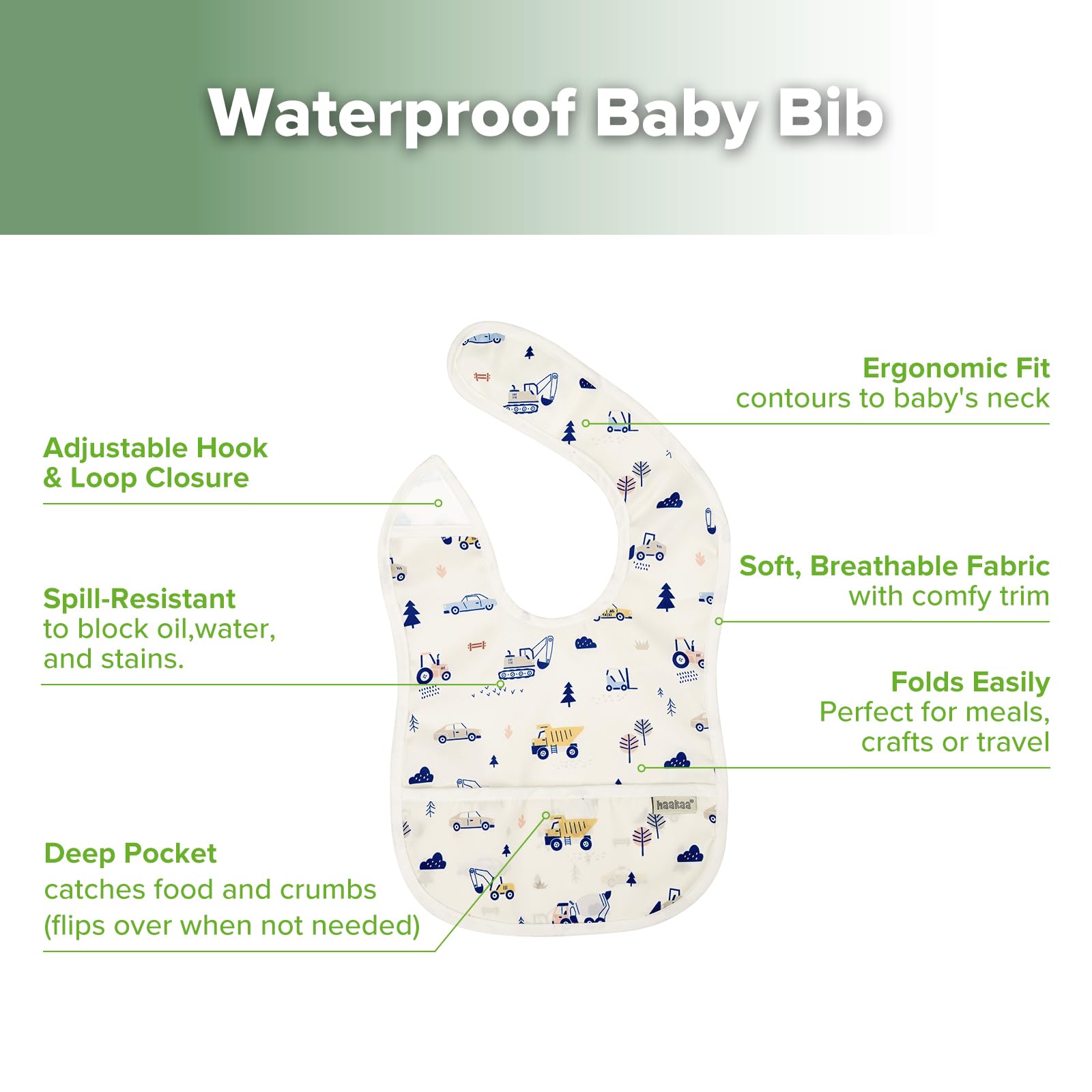 haakaa Mess Proof Baby Bib soft-breathable fabric keeps skin comfy.
