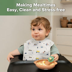 haakaa Mess Proof Baby Bib waterproof-fabric keeps outfits clean during spills.