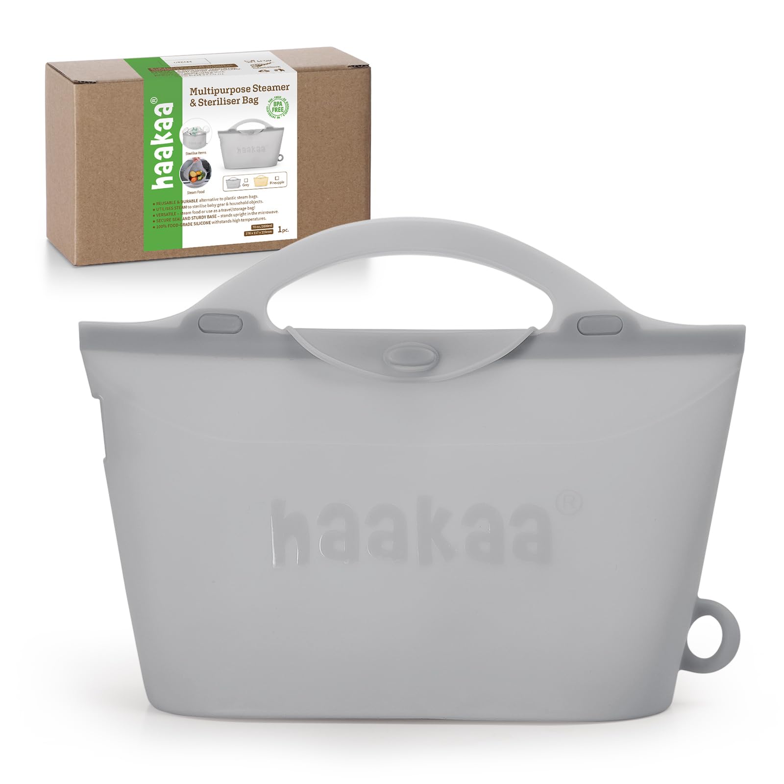 Haakaa microwave steamer bag in use for quick bottle sterilization.