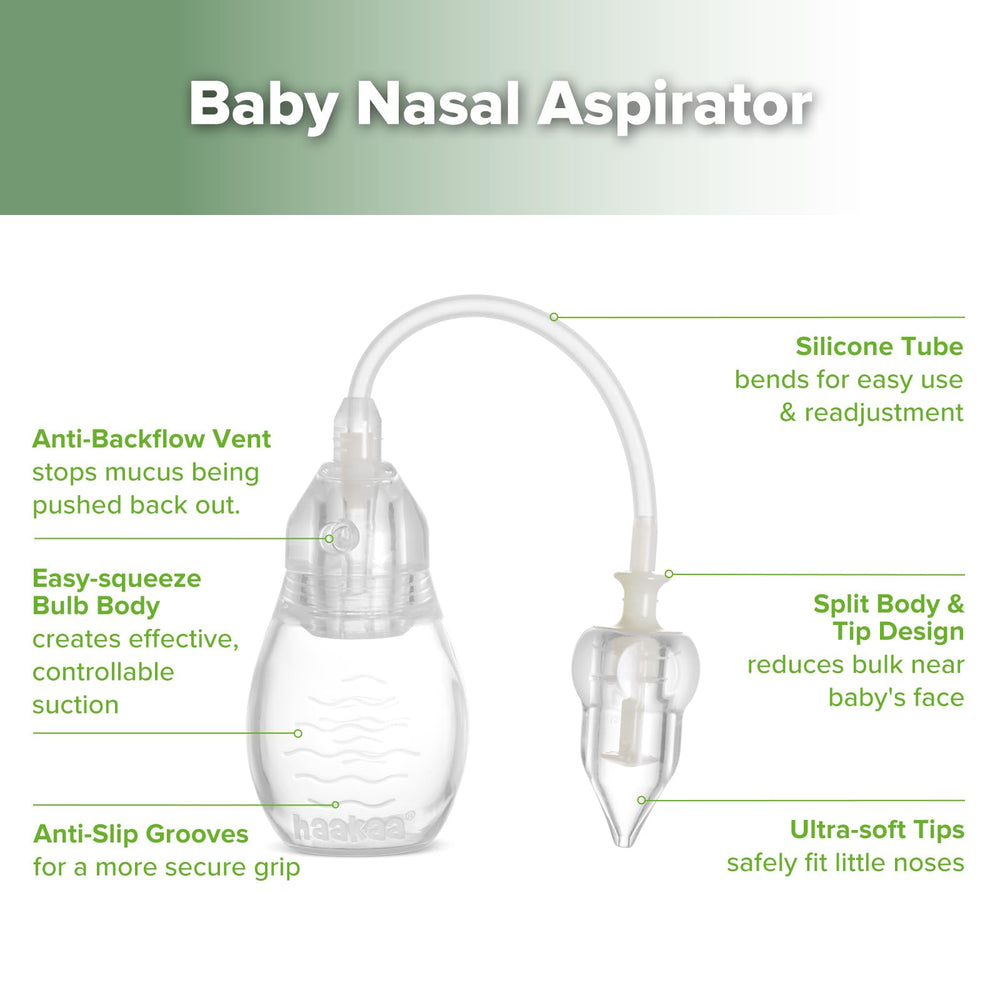 Haakaa nasal aspirator transparent body lets you monitor mucus.