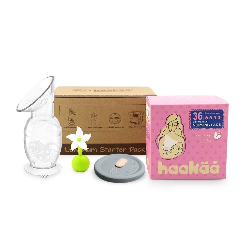 Haakaa New Mum Starter Pack 150ml silicone breast pump in action for discreet expression