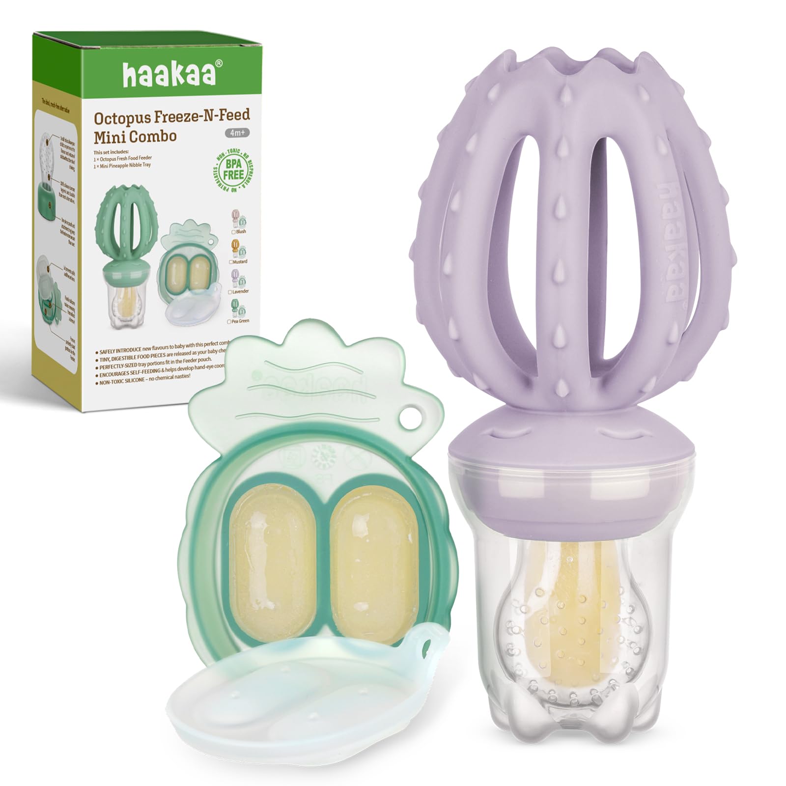 Haakaa Octopus baby fruit feeder pouch demonstrates safe, small-bite release for self-feeding.