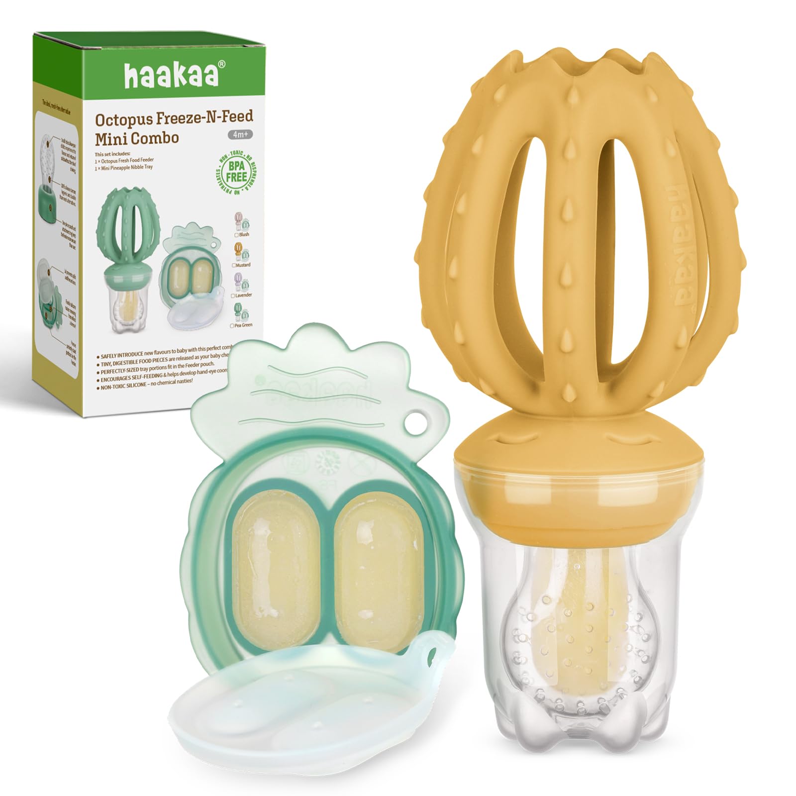 Haakaa Octopus Baby Feeder pouch demonstrates safe fruit feeding for tiny bites.