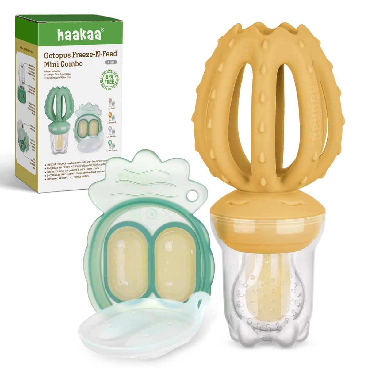 Haakaa Octopus Baby Feeder pouch demonstrates safe fruit feeding for tiny bites.