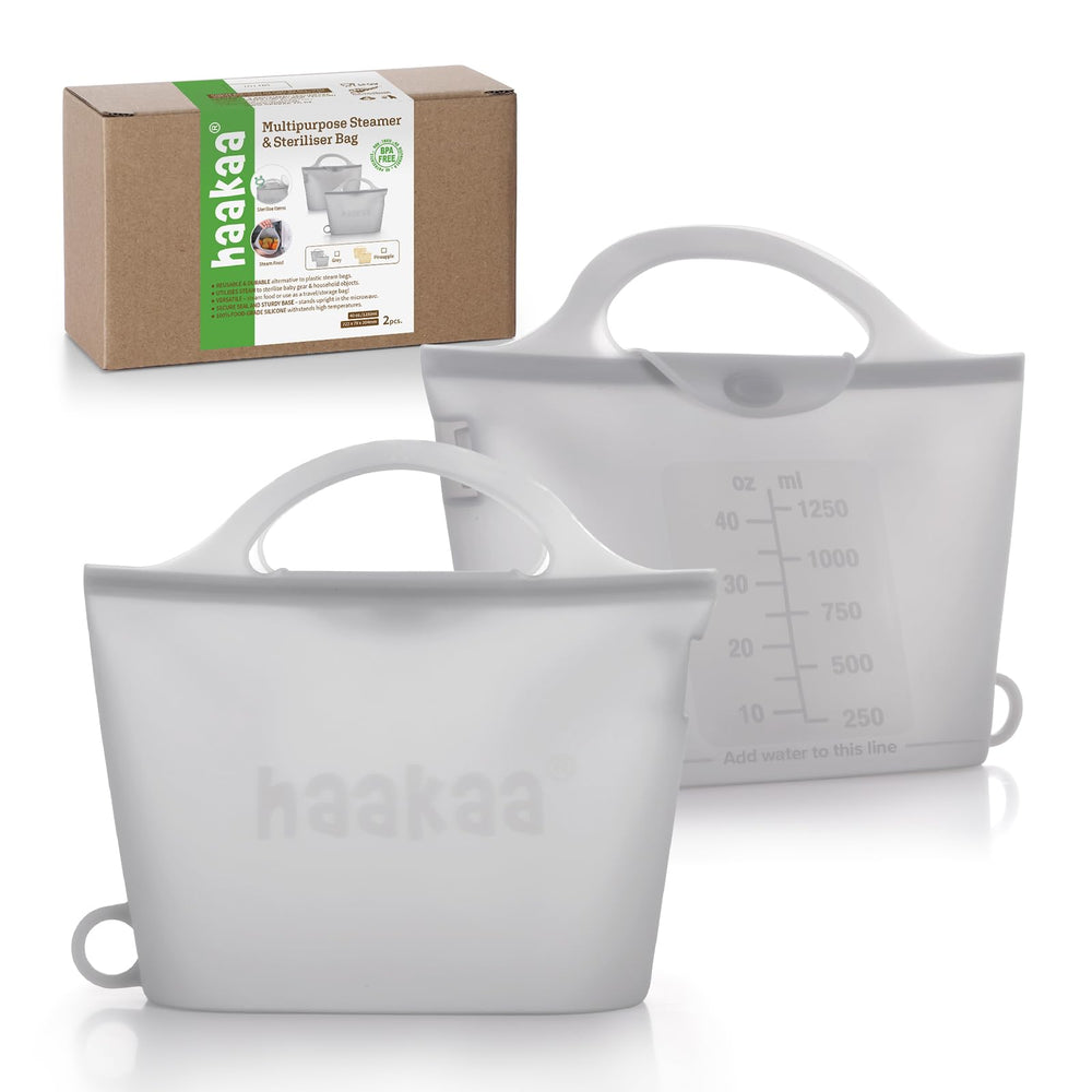 Haakaa On-The-Go steam bags with 40oz capacity for travel bottle sanitation.