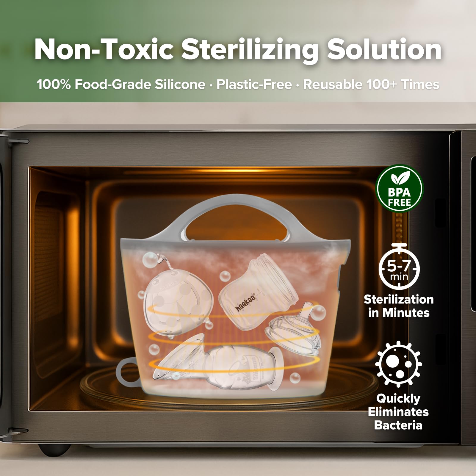 Haakaa sterilizer bags illustrating use with two bottles while traveling.