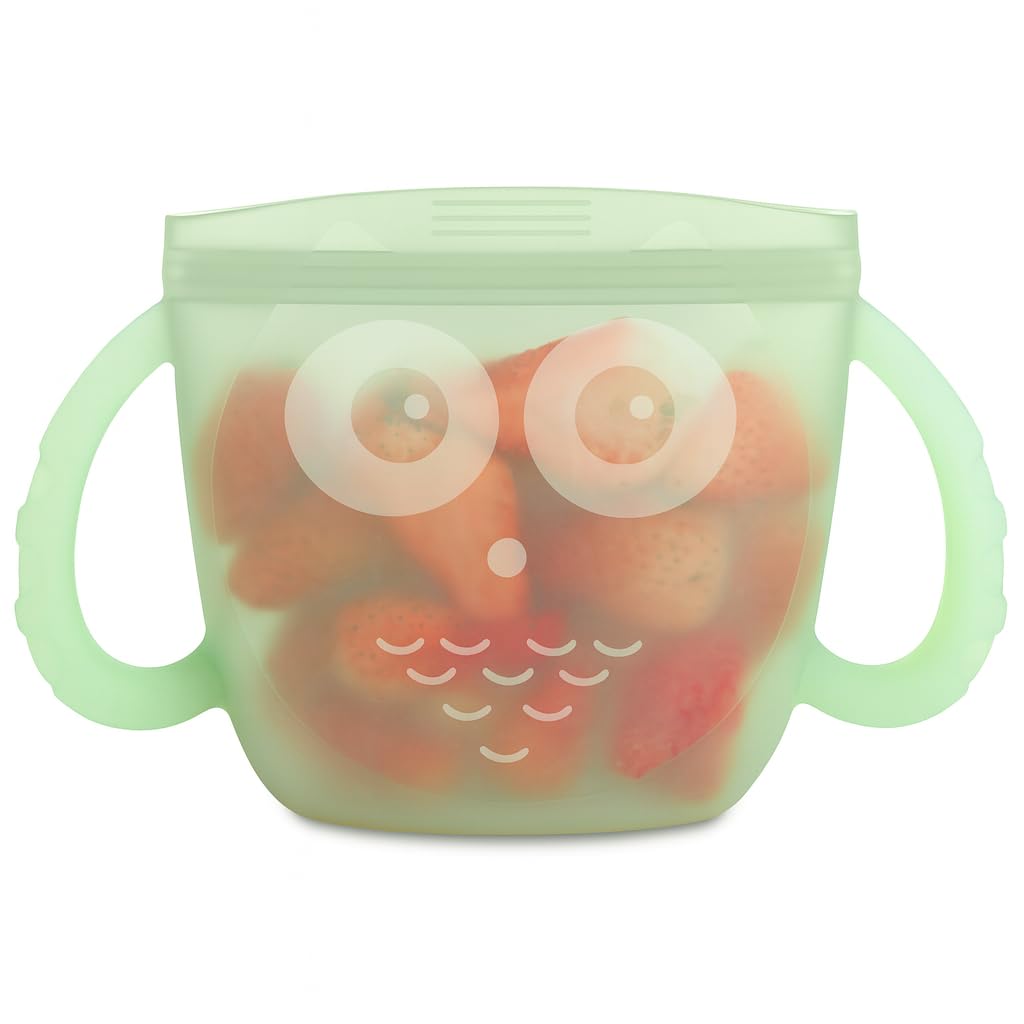 Haakaa Oscar Owl snack container with dual handles for easy toddler grip and mess-free snacking.