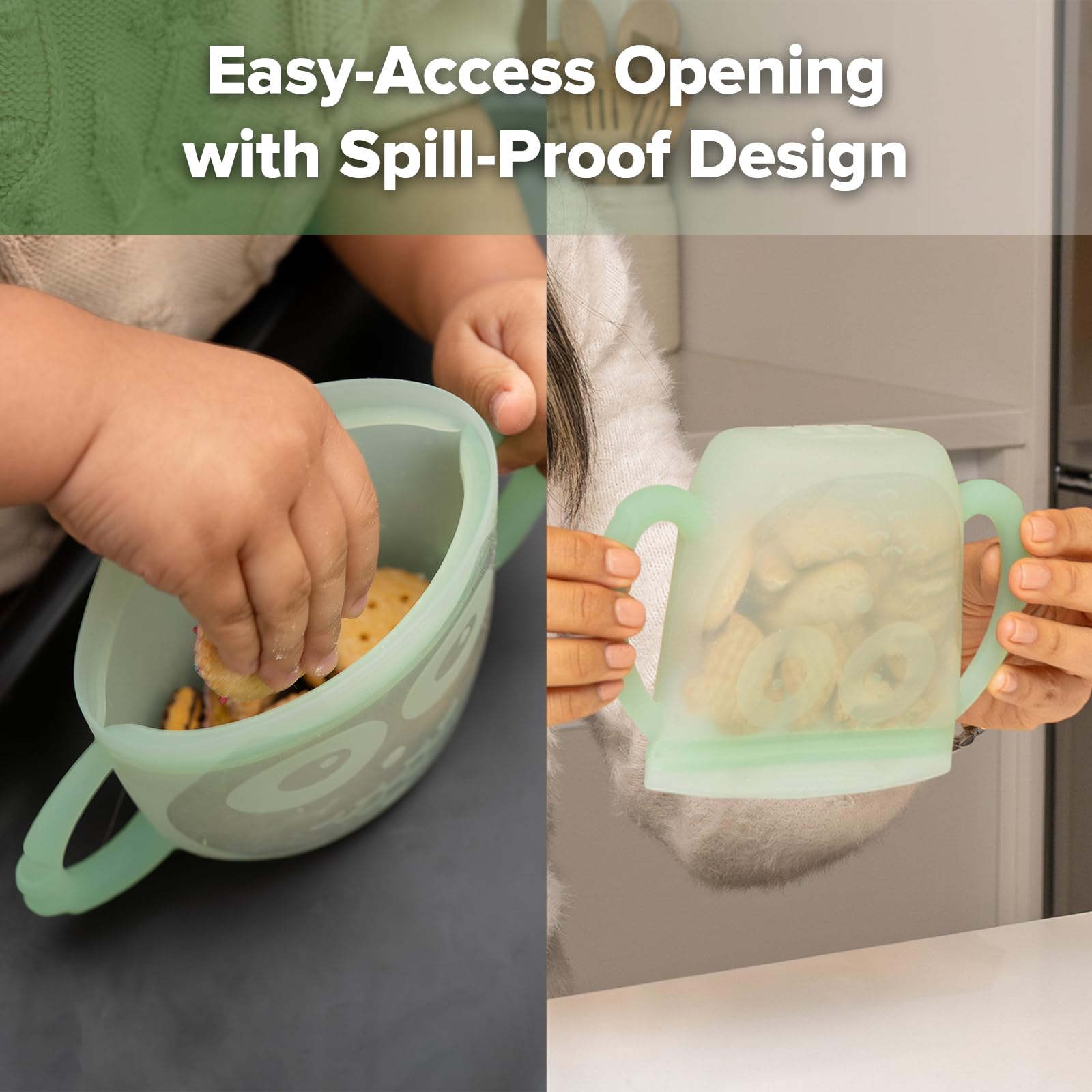 Spill-proof seal on Haakaa Oscar Owl cup keeps snacks fresh during trips.