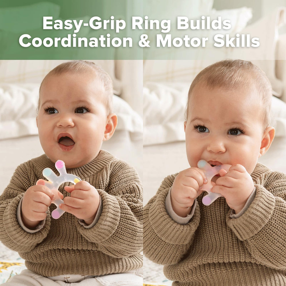 Haakaa Palm Teether's colorful fingertips stimulate senses and motor skills.