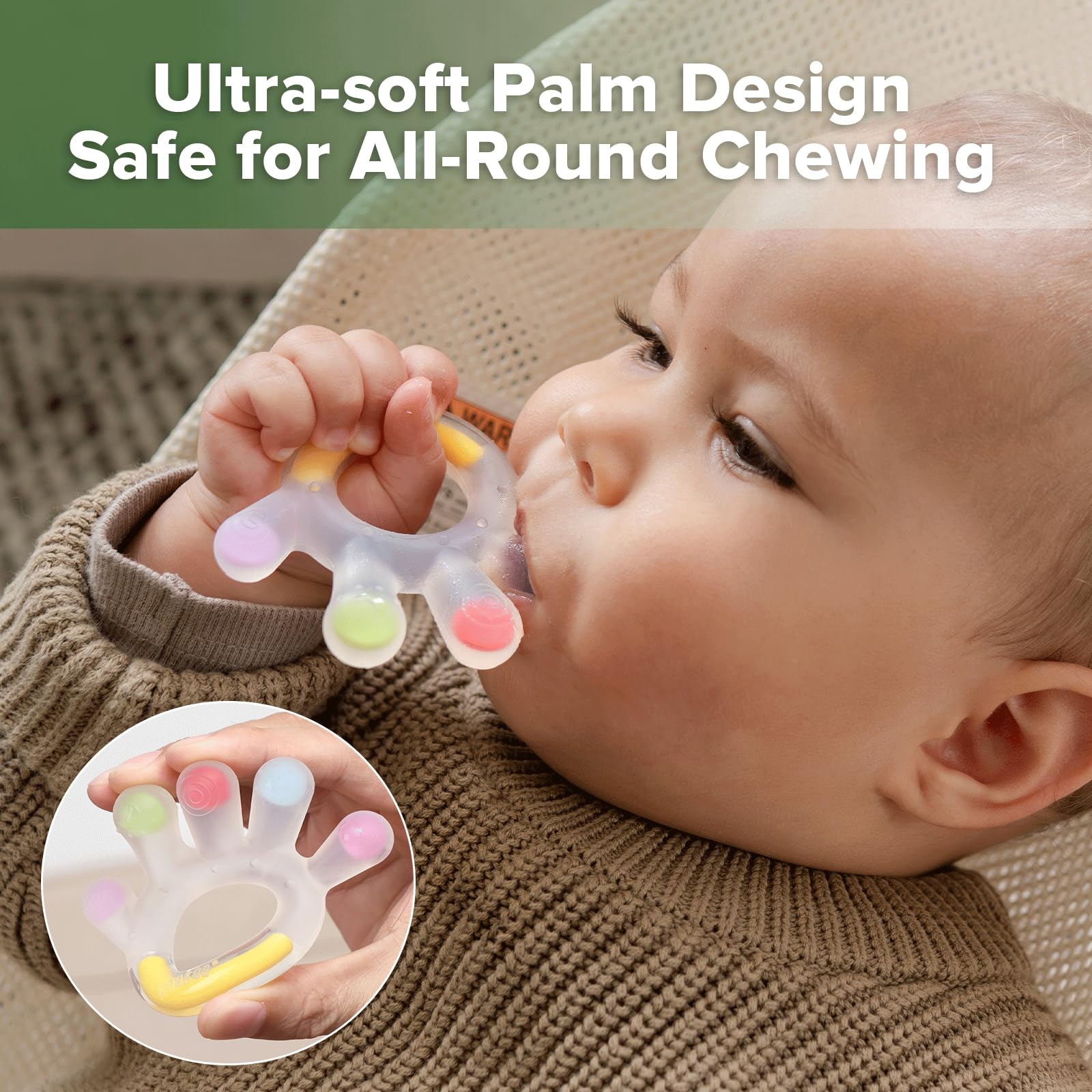Haakaa Palm Teether finger ridges gently massage gums during teething.