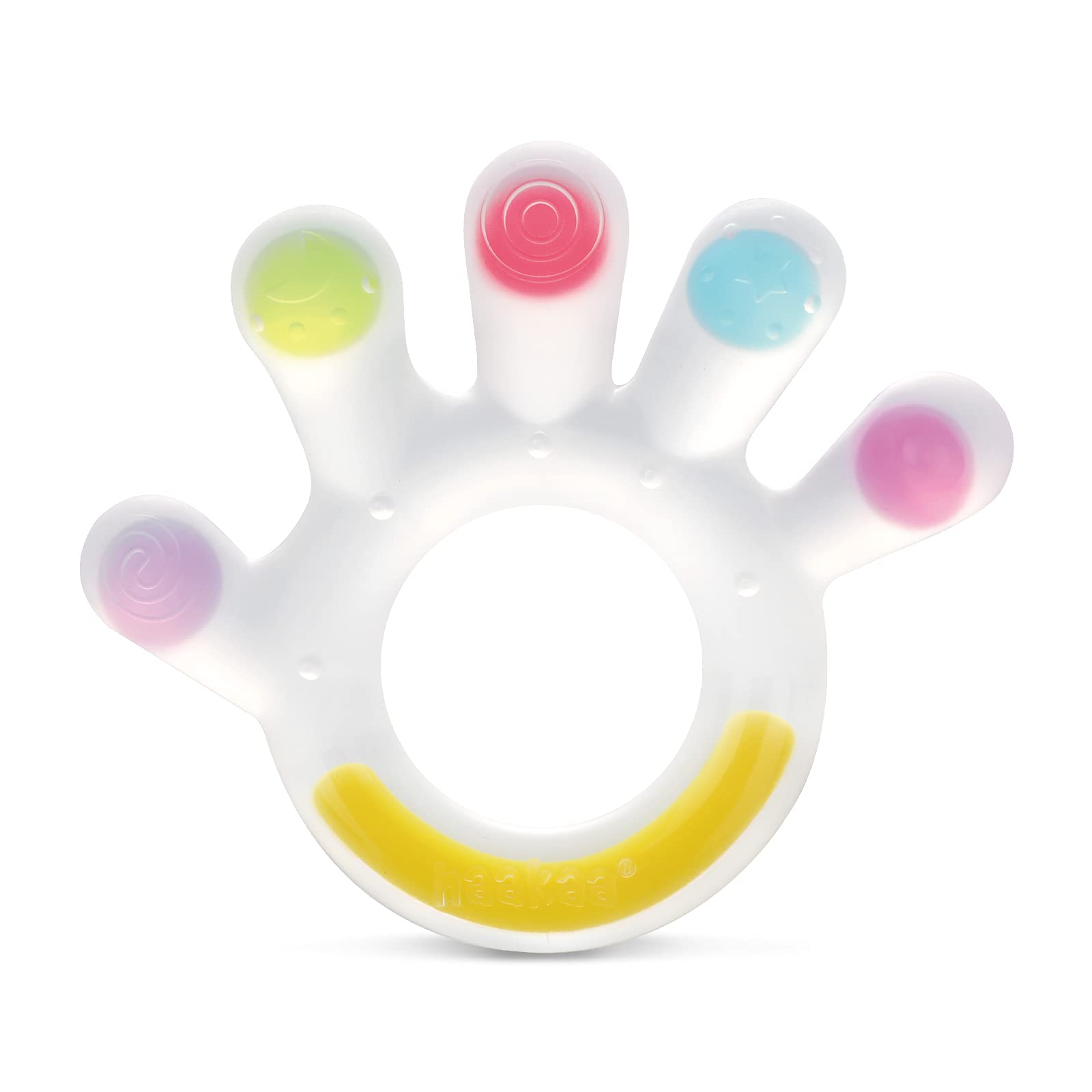 Haakaa Palm Teether close-up shows soft silicone texture for soothing gums.