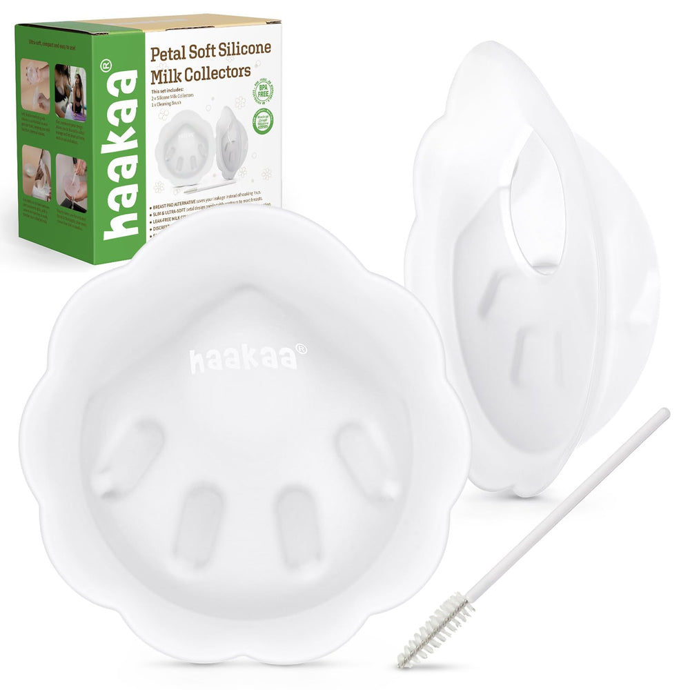 Haakaa Petal Soft milk collector tucked inside a bra for discreet on-the-go collection.