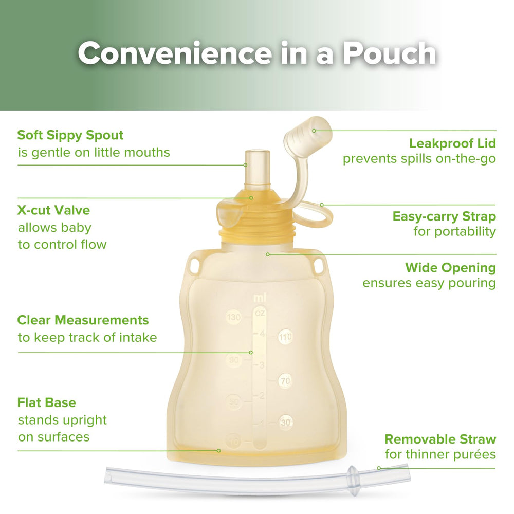 Haakaa Pouch 130ml capacity with flow-control spout encourages self-feeding.