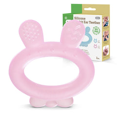Haakaa rabbit-ear teether in pink silicone for soothing teething gums
