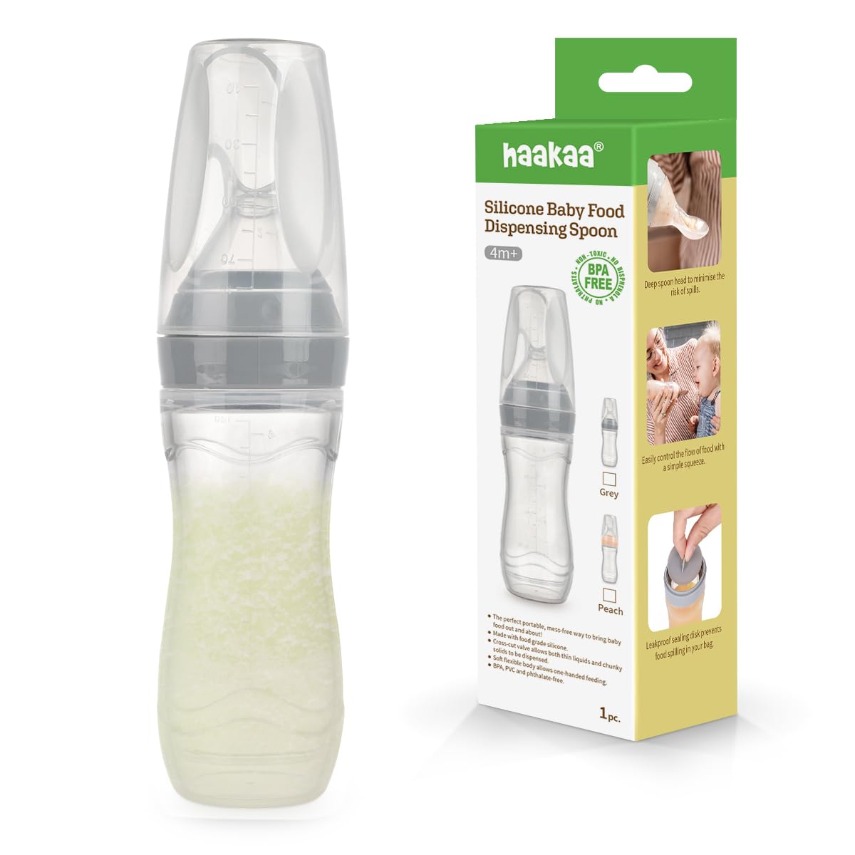Haakaa silicone feeder close-up with 4oz spoon for on-the-go feeding.