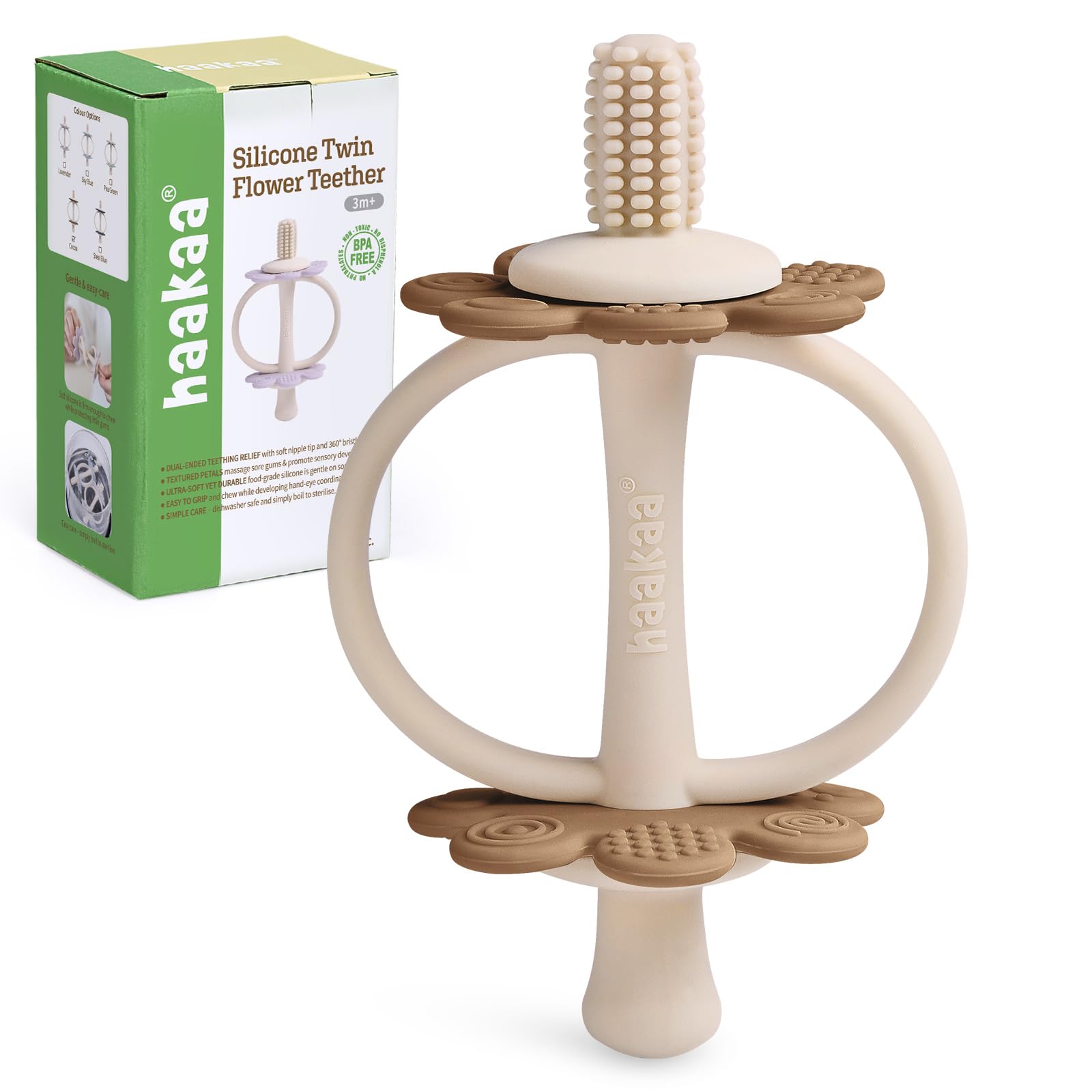 haakaa silicone baby teether twin flower close-up for soothing gums