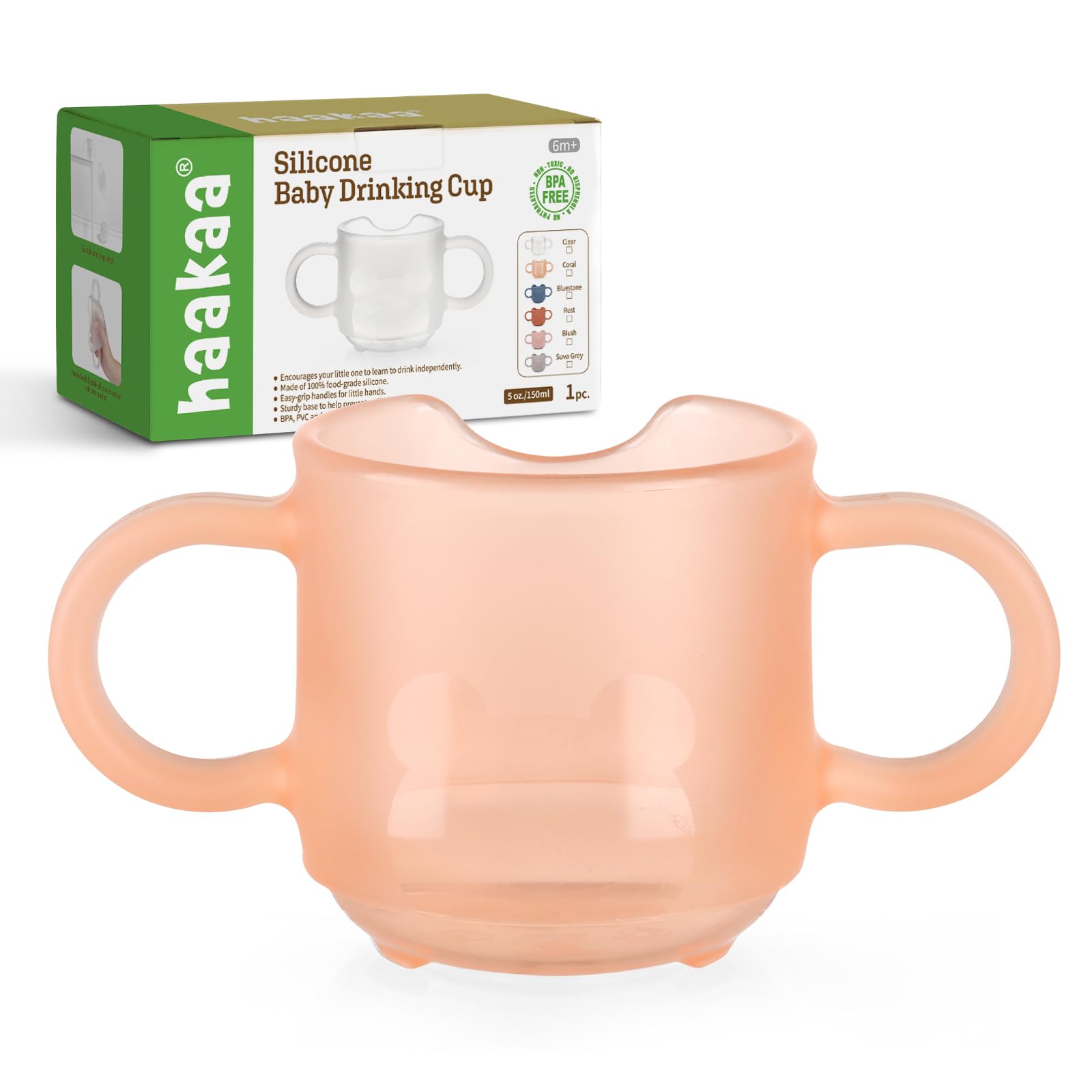 Haakaa silicone baby training cup front view showing compact 5 oz capacity for easy sipping
