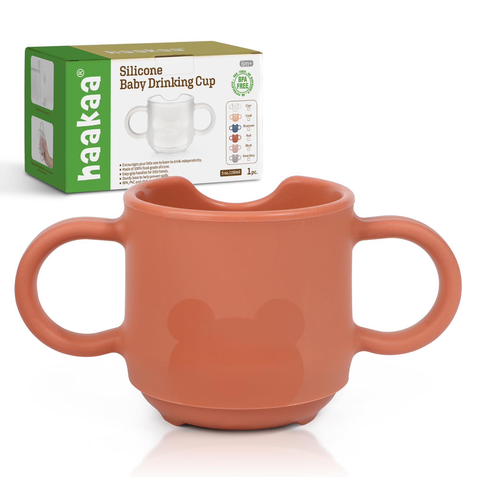 Haakaa silicone baby training cup with open rim for easy sipping without tilting.