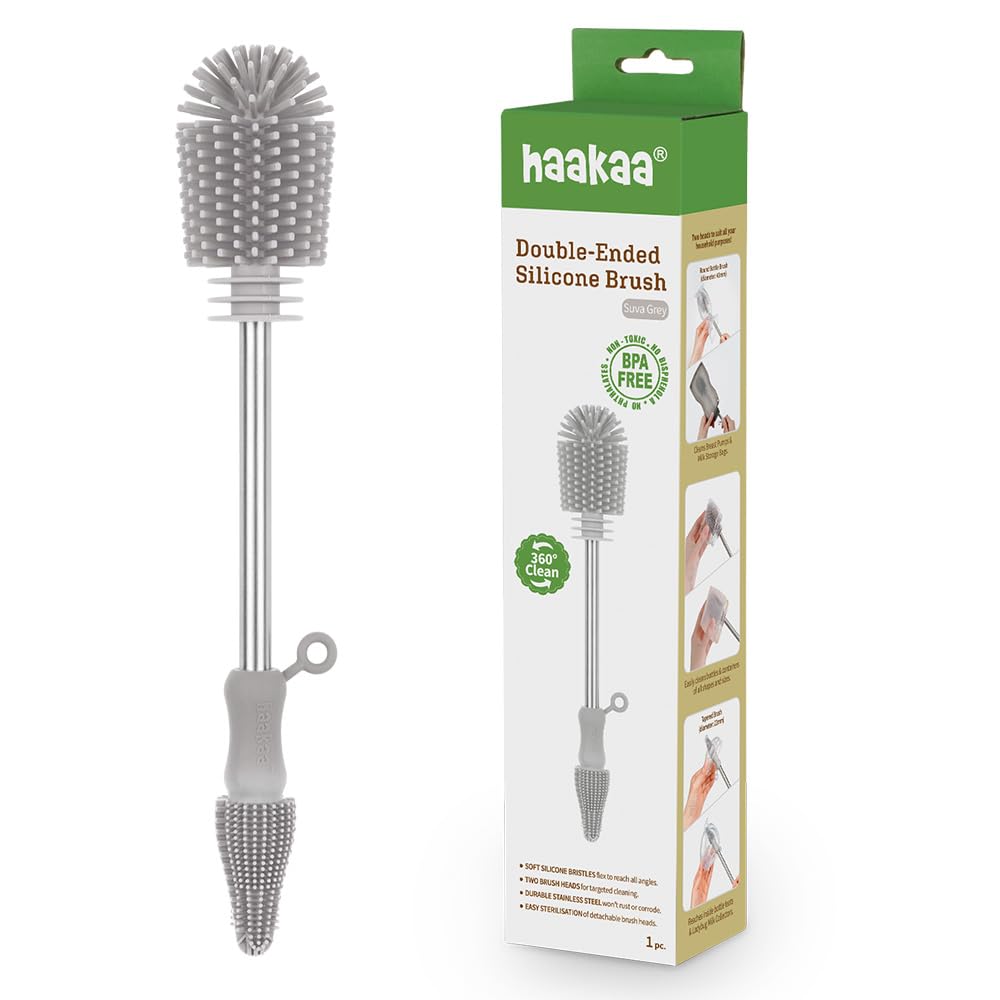 Haakaa Silicone Cleaning Brush Kit bottle view; cleans bottles and storage bags effectively.