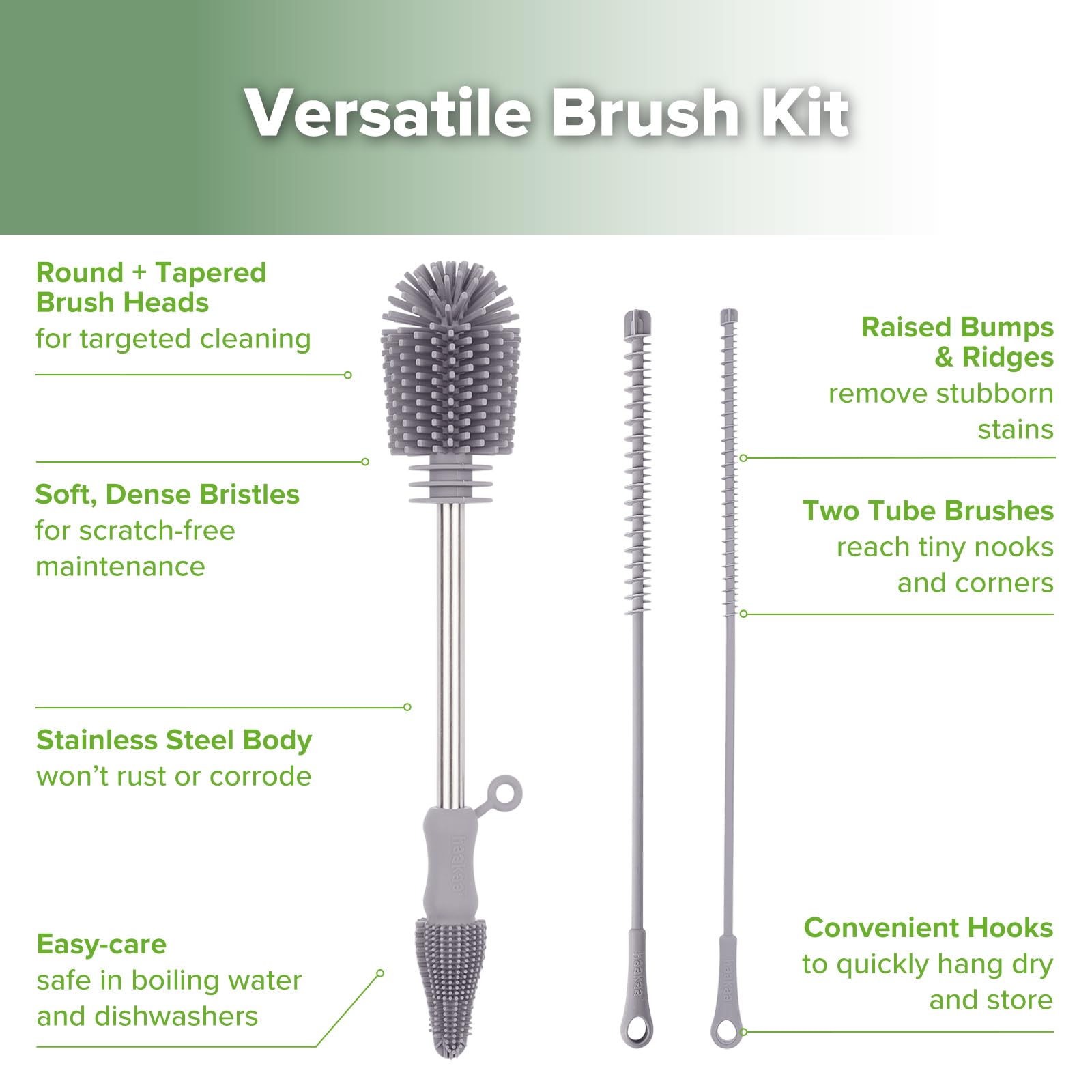 Haakaa SUVA Grey bottle and tube brushes shown together for cleaning multiple items