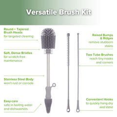 Haakaa SUVA Grey bottle and tube brushes shown together for cleaning multiple items
