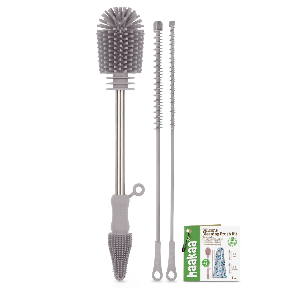 Haakaa SUva Grey bottle brush from the Silicone Cleaning Brush Kit for thorough bottle cleaning