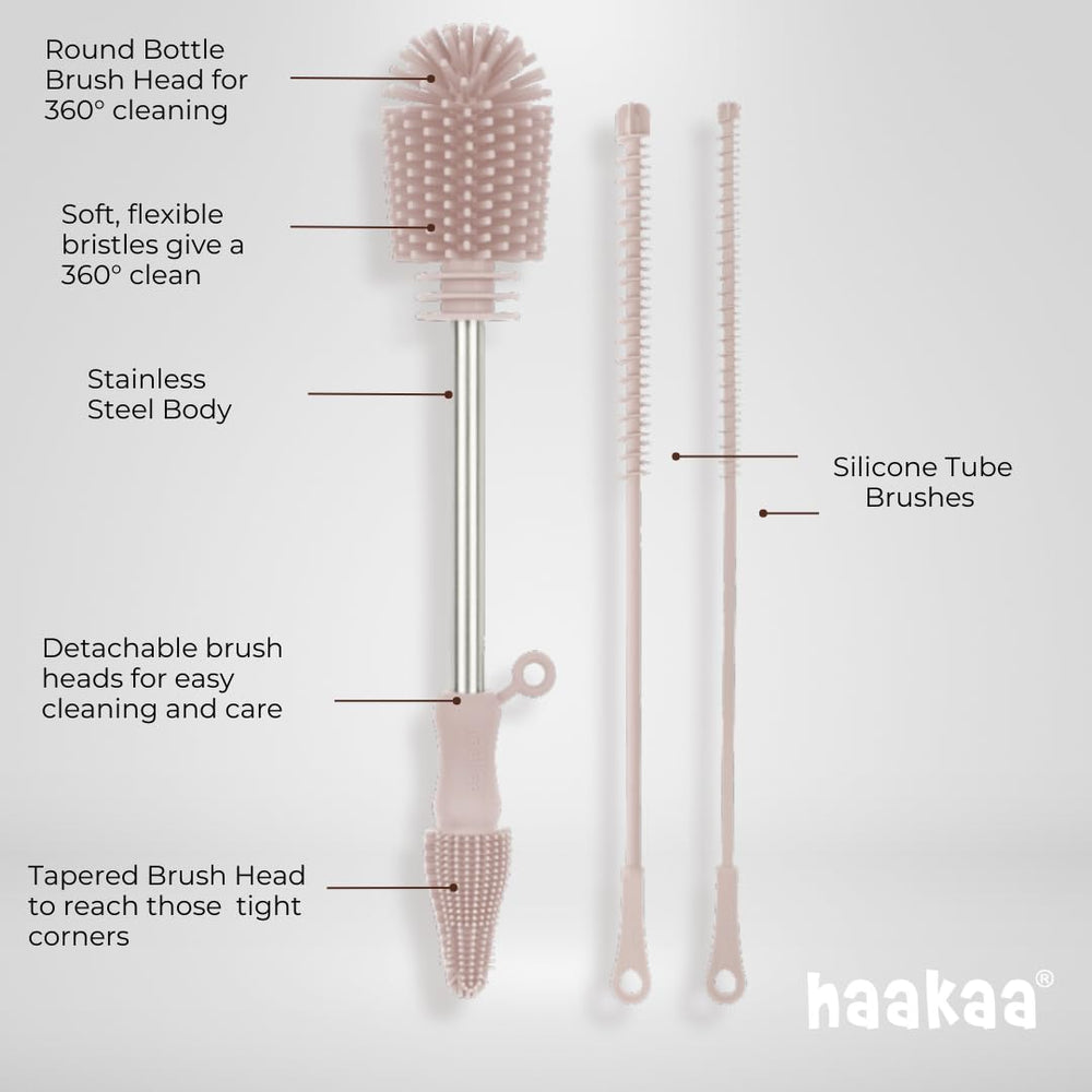 Haakaa Silicone Cleaning Brush Kit tube brushes; gentle edges for narrow openings.