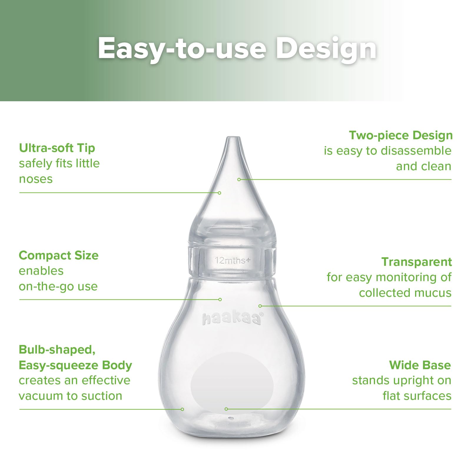 Haakaa nasal aspirator with clear silicone body for easy mucus monitoring