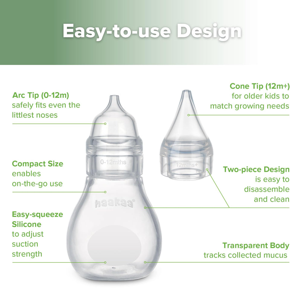 Haakaa silicone nose bulb with transparent body for easy mucus tracking.