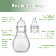 Haakaa silicone nose bulb with transparent body for easy mucus tracking.
