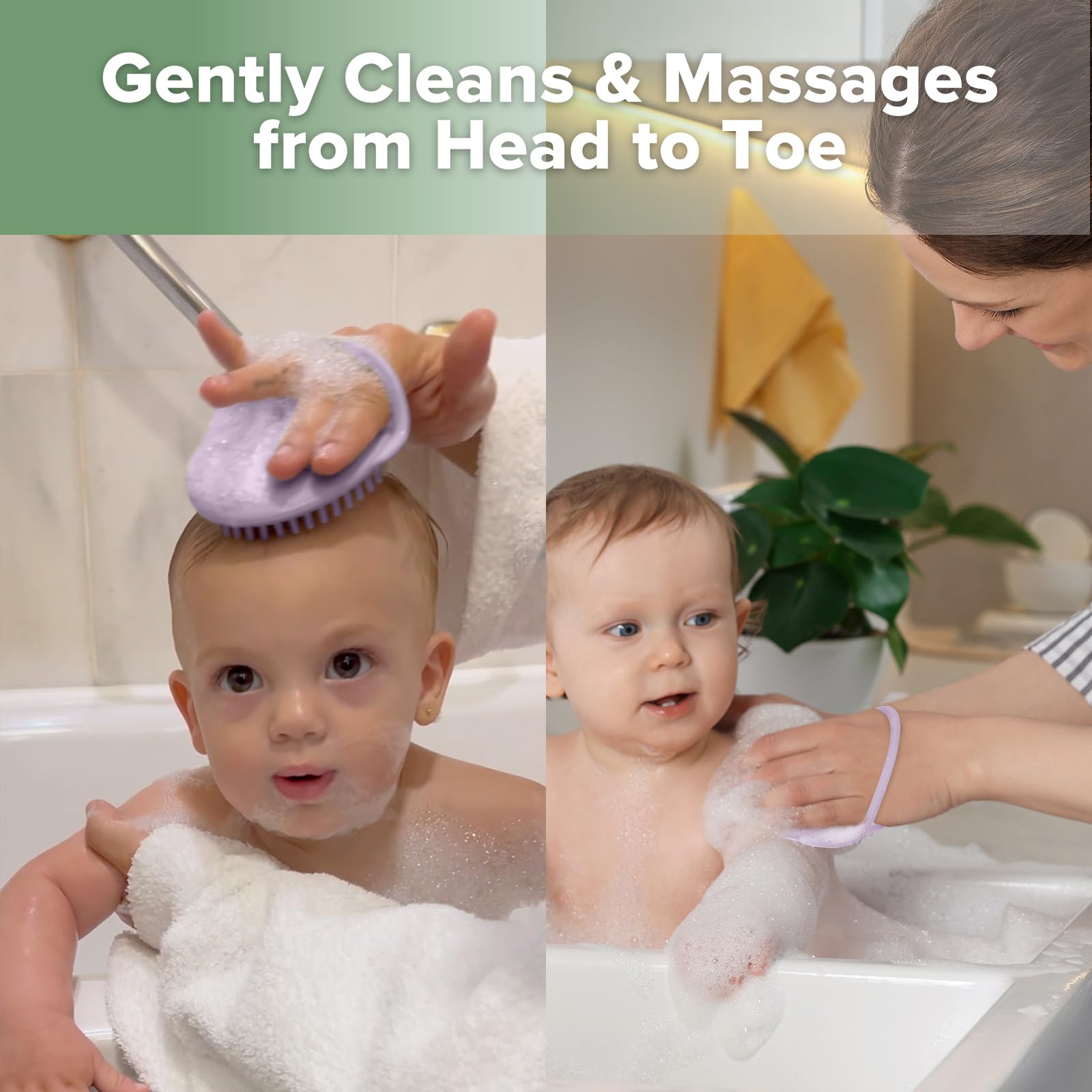 Haakaa silicone brush cradle cap action, lifting flakes gently.
