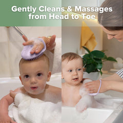 Haakaa silicone brush cradle cap action, lifting flakes gently.