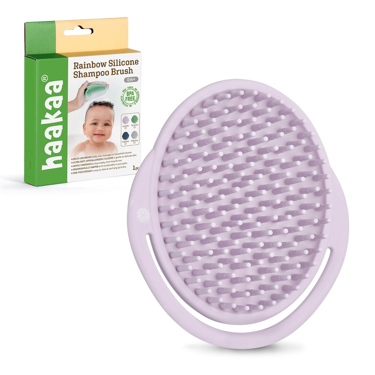 Haakaa silicone shampoo brush front view for gentle scalp cleansing.