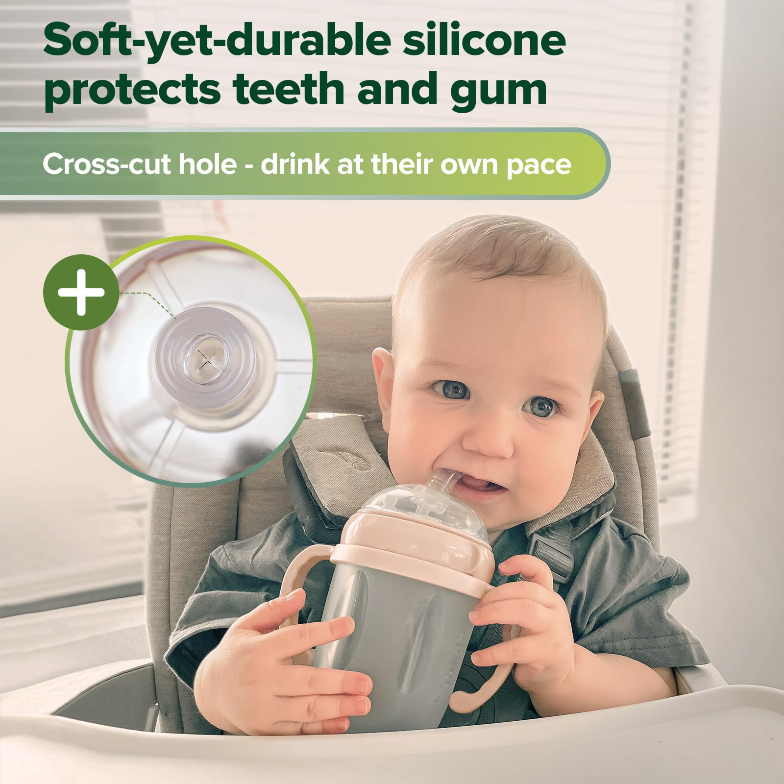 Haakaa silicone sippy spout supports teething comfort during meals.