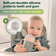 Haakaa silicone sippy spout supports teething comfort during meals.
