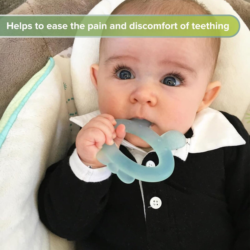 Haakaa silicone teether showing the one-piece design for easy grasp
