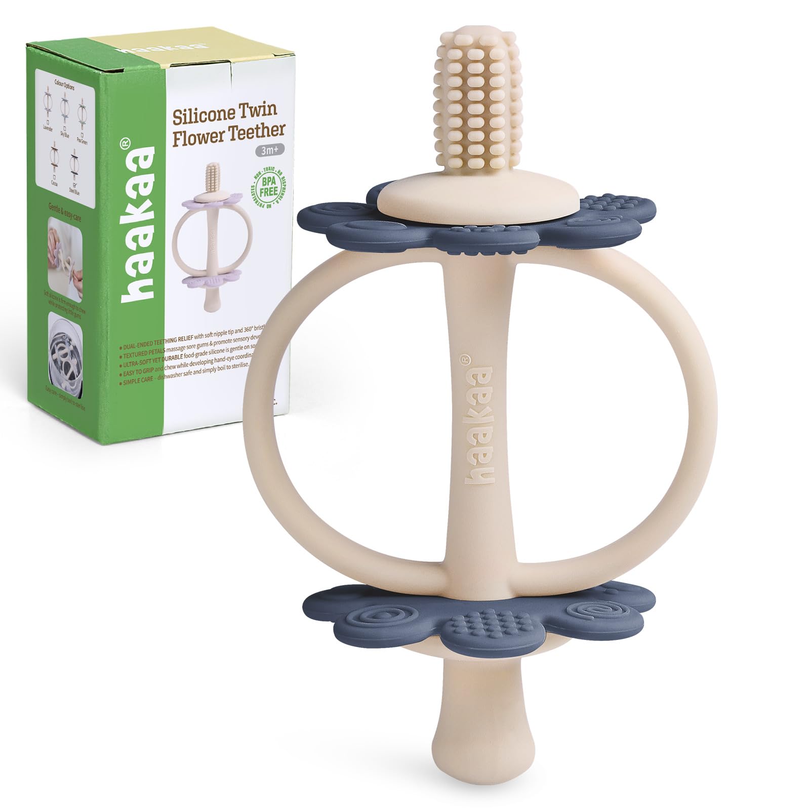 Haakaa silicone teething toy with nipple end for soothing gums.