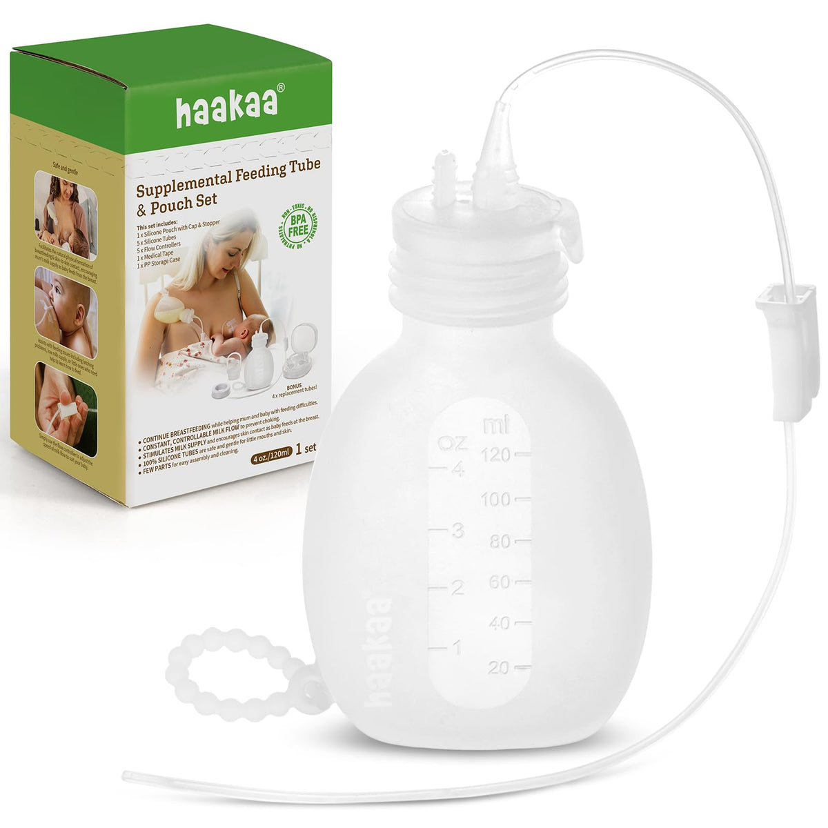 Haakaa SNS bottle and tubing setup for at-breast feeding support.
